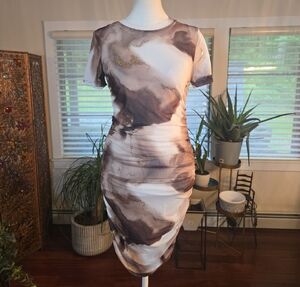 NWT Swan Paris Liquid Neutral Metallic Gold Mesh Runched Stretch Dress Small